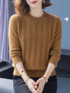 Autumn Winter Womens Loose Knitted Cashmere Sweater Short Long Sleeve round Neck Solid Color Versatile Base Layer Top