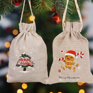 【On Sale】5Pcs Christmas Gift Bags with Drawstring Linen Candy Bags Cookies Bag for Christmas Party