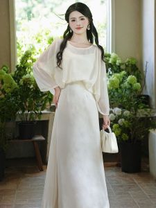 Elegant High Waist Satin Long Dress with Hidden Pattern Bamboo Leaf Embroidery Fake Two-Piece Dress Zen Spirit Chinese Style Womens Dress