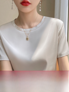 Silk Satin Short Sleeve T-Shirt Womens Loose Fit Summer New Style Commute Simple Straight Tube Top Silk Mulberry Worm Tunic