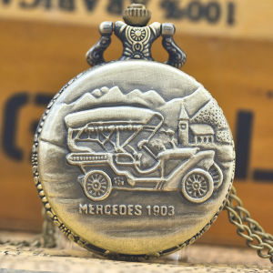 Vintage Bronze Steampunk Vintage Car 1903 Carved Quartz Pocket Watch Necklace Pendant Clock Chain Men Women Chain Gift