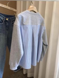 Womens Loose Sweatshirt Stripe Splicing Fake Two-Piece Shirt Long Sleeve round Neck Cotton Spring Fashion Casual Top