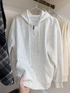 Loose Hoodie Sweatshirt American Style Grey Womens Spring Autumn Zipper Cardigan Long Sleeve Cotton Polyester Blend