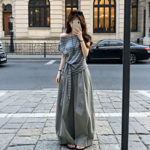 XUECAIQI | Slouchy Asymmetric Striped Tie-top Wide-leg Pants Two-piece Set