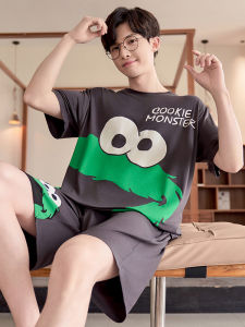 ผู้ชาย Modal Ice ผ้าไหม แขนสั้นบาง ชุดนอน ฤดูร้อน เสื้อผ้าบ้าน การ์ตูน พิมพ์ชุดเยาวชนเด็กใหญ่ชุดนอนนักเรียนชาย