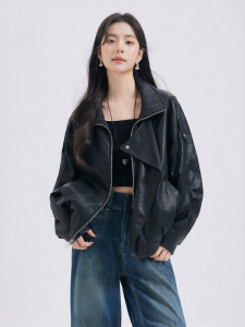 Black Short New PU Retro Collar Leather Jacket