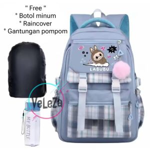 Tas ransel anak perempuan remaja LABUBUB tas ransel sekolah anak free botol minum raincover gantungan pompom