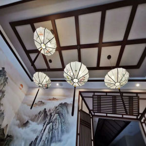 New Chinese Wedding Hand-Painted Ink Painting UFO Lantern Restaurant Hot Pot Restaurant Decorative Lamp Classical Wedding Celebration Decoration Layout