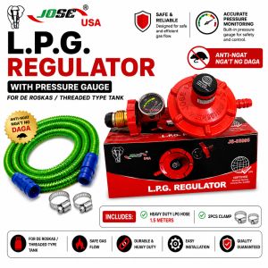 JOSE usa LPG Regulator with Pressure gauge Heavy Duty JS-03995 with BPS Certificate With Safety Standard with heavy lpg Hose Anti-ngatngat ng Daga 1.5meter and 2pcs clamp I set