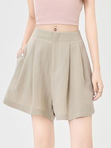 Ice Silk Suit Shorts Womens Summer Thin High Waist Pleated A-Line Wide Leg Five-Quarter Pants Korean Style Commute Pants