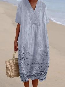 Casual Loose V-neck Dress Womens Solid Color Street Style mid High Waist Summer Long Skirt Short Sleeve Pure Color Dress