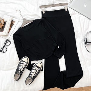 Slim Fit Long Sleeve round Neck T-Shirt High Waist Bell Bottom Wide Leg Pants Womens Fashion Set Autumn 2024 Collection