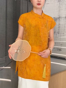 QINGNAER | Elegant Large Size Chinese Style Orange Collar Buttoned Short Sleeve Shirt