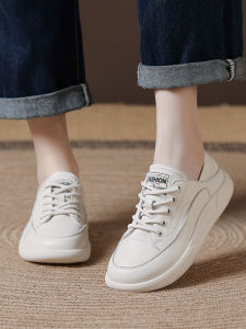Leather Upgraded Version Spring Autumn Casual Womens Shoes Two-Way Wear Soft Bottom Single Shoes Fashionable Versatile White Sneakers