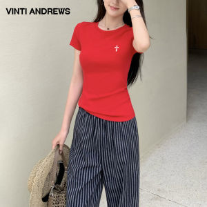 Round Neck Fitted Short Sleeve T-Shirt New Arrival Casual Straight Shoulder Top