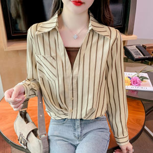 Contrast Stripe Collar Two-layer Effect Long Sleeve Shirt Women