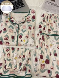 Cute Rabbit Pure Cotton Sleepwear Womens Summer New Style Home Clothes Three-piece Set Short Sleeve with Chest Pad Pants