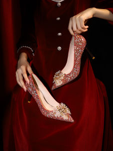 Shoe Heel Wedding Shoes for Women Sparkling High Heels Chinese Style Maternity Bridal Shoes Elegant Pointed Toe Fashionable Slippers