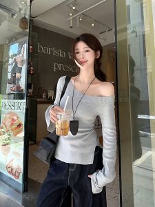 เสื้อเชิ้ตแขนยาวทรงสลิมฟิตสำหรับผู้หญิง สีเทา ฤดูใบไม้ร่วง 2025 แฟชั่นสตรีท แขนยาว คอวี แขนยาว แขนยาว แขนยาว