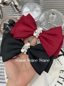 คลิปทรงเจ้าหญิงผ้าซาตินประดับคริสตัลและมุกสีแดงสำหรับปีใหม่ คลิปผมรูปผีเสื้อขนาดใหญ่สองชั้น คลิปผมสไตล์เกาหลี ประดับคริสตัลและมุก