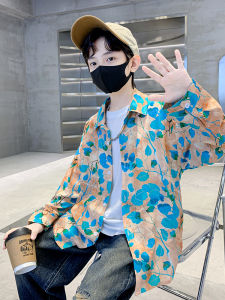 Boys Long Sleeve Shirt Summer New Style Sun Protection Childrens Fashionable Floral Patterned Outerwear for Medium to Large Children