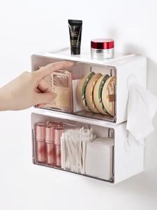 Clear Bathroom Pull-Out Storage Box for Cotton Swabs&Pads No-drill Drawer Style Organizer Under Mirror Cabinet Storage Box Rack