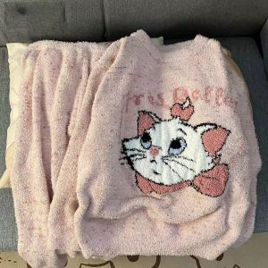 Korean Style Cute Little Dog Half Fleece Sleepwear Womens Winter Plush Knitted Long Pants Home Clothes Set Sweet Cute Pattern