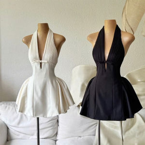 French Elegant V-Neck Bow Tie Halter Dress Waist Cinching Slimming