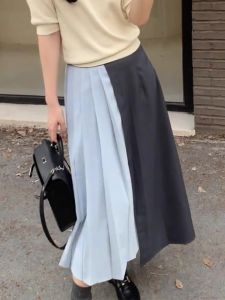 Color Block High Waist A-Line Midi Skirt Womens Spring Autumn Fashion Elegant Slimming Skirts Korean Style Commute