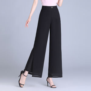 High Waist Wide Leg Pants Womens Summer Slimming Black Chiffon Split Loose Casual Trousers Ethnic Style Straight Cut Pants