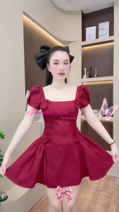 QC_ Đầm váy thiết kế đầm đi tiệc thời trang Xước Hàn cổ vuông hoa dập nổi dáng ngắn có lót