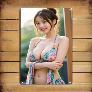 CIFbuy | 2D 1PC Metal Poster - Korean Bikini Lady Face 2D Flat Iron Sign for Home Bar Cafe Office Self-Adhesive Christmas Gift