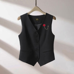 Fashionable White Slim Fit Womens Vest Short Shoulder Pad Korean Style Commute Slimming Versatile Polyester Fiber V-neck Button Detail