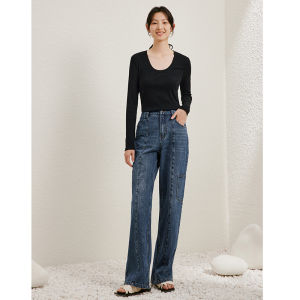Yigue | Mid High Waist Loose Straight Large Pocket Womens Denim Trousers