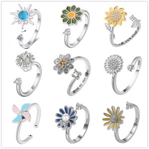 Sunflower Crystal Womens Ring Anxiety Relief Anti-Stress Spinning Aesthetic Adjustable Wedding Finger Ring bague femme