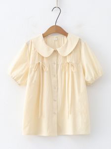 Áo Sơ Mi Cotton Tay Ngắn Dáng Rộng Phong Cách Ngọt Ngào Mùa Hè Cho Nữ Cổ Búp Bê Thủ Công Nút Cài Nhiều Chất Liệu Cotton Nguyên Chất