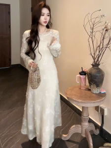 Elegant French Lace Long Sleeve Dress Heavy Embroidery Design Slimming Long Skirt Set Womens Premium Fashion Autumn Winter