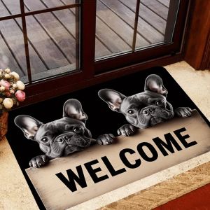 VIKAMA Cute French Bulldog Welcome Doormat Non-Slip Entrance Rug Absorbent Pet Friendly Door Mat Home Decoration