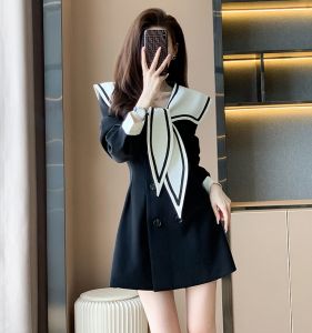 Hebe Style French Dress Womens Autumn New High Waist A-Line Skirt Long Sleeve Midi Dress Elegant Lady Boss Suit Dress