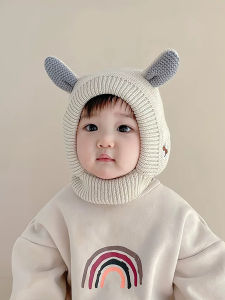 Baby Hat Scarf Integrated Autumn and Winter Fleece-lined Thickened Cute Wool Hat Boys and Girls Baby Knitted Earflaps Cap