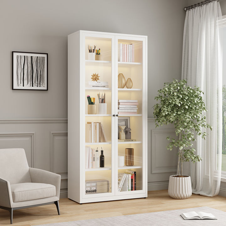 Nordic Style Wrought Iron Bookcase Glass Door Shelf Storage