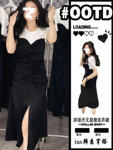 ชุดเดรสสั้นคอตั้งสไตล์ฝรั่งเศสสำหรับผู้หญิง ปี 2025 ชุดกระโปรงทรงเอเข้ารูปเอวเข้ารูป กระโปรงสั้นเปิดหน้าอก ชุดกระโปรงยาวคลุมเข่า