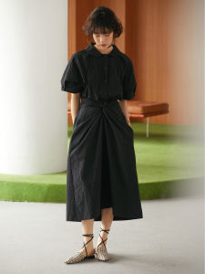 Vimie Summer Design Floral Embroidery Cotton Long Dress Collar Loose Solid Color Belted Womens Fashion Retro Style Dress