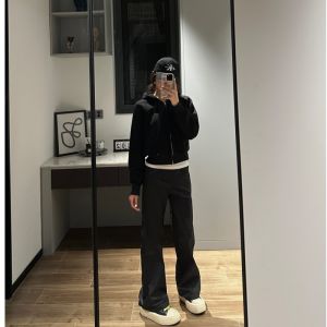 High Waist Loose Fit Black Suit Pants for Taller Women 175cm plus Size Wide Leg Casual Straight Cut Floor Length Trousers