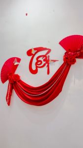 Set Chữ TẾT XUÂN Đỏ Vải Nhung Đỏ Kèm Hoa Quạt Size Lớn Decor Trang Trí Treo Dán Mành Rèm Cửa Kính