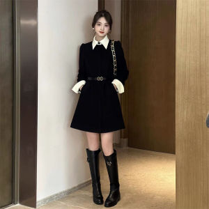Elegant Black Long Sleeve Dress Autumn Winter High Waist A-Line Skirt Polite Lady Style Premium Fabric Polyester Fiber
