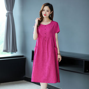 Casual Cotton Summer Dress Young Mom Loose Short Sleeve Midi Skirt for Middle-Aged And Elderly Women Fashionable Pure Color