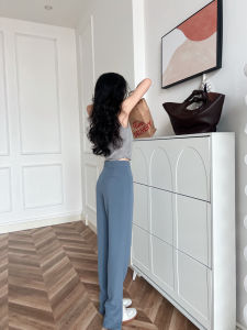 High-Waist Acetate Fabric Casual Pants with Asymmetrical Design and Pocket for Women Blue Lightweight Straight Leg Pants