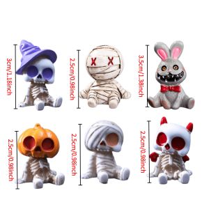 4/6Pcs Halloween Skeleton Mummy Figurines Mini Resin Statues for Car Dashboard Desk Succulent Pot Fairy Garden Decor Gift