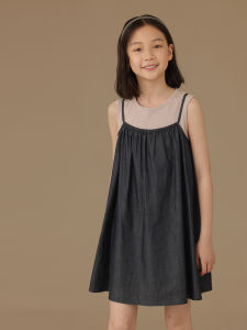 Summer Thin Cotton Denim Vest Skirt Dress Girls Fake Two-Piece Dress Sweet Style Daily Wear Childrens Clothing by Hacikis